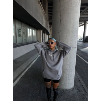 MARSiLYAN- Uzun Kol Kapşonlu Göğüs Baskılı SweatShirt - Gri