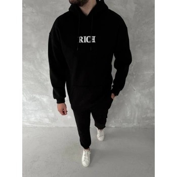 MARSiLYAN- Uzun Kol Kapşonlu Göğüs Baskılı SweatShirt - Siyah