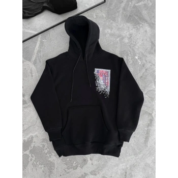 MARSiLYAN- Uzun Kol Kapşonlu Ön Ve Arka Baskılı SweatShirt - Siyah