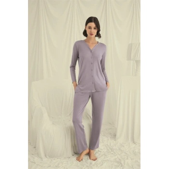 MARSiLYAN-  Uzun Kollu Boydan Düğmeli V Yaka Pijama Takımı