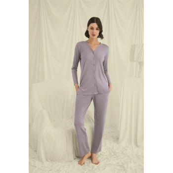 MARSiLYAN-  Uzun Kollu Boydan Düğmeli V Yaka Pijama Takımı