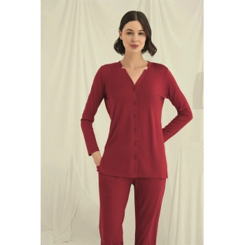 MARSiLYAN-  Uzun Kollu Boydan Düğmeli V Yaka Pijama Takımı