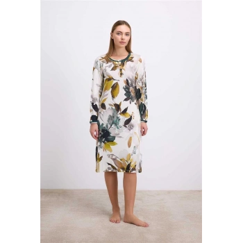 MARSiLYAN-  Uzun Kollu Çiçek Desenli Lenzing Viskon, Düğmeli Yaka Detaylı Gecelik