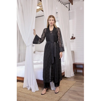 MARSiLYAN-  Uzun Kollu Dantelli ve Kuşaklı Sabahlık