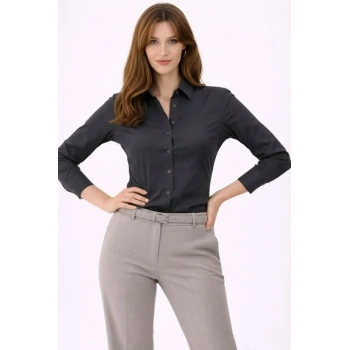 MARSiLYAN- Uzun Kollu Gömlek Düğmeli Klasik Yaka Günlük Ve Ofis Şıklığına Uygun - Füme