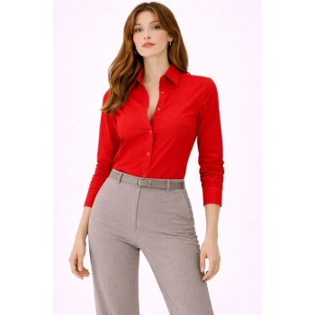 MARSiLYAN- Uzun Kollu Gömlek Düğmeli Klasik Yaka Günlük Ve Ofis Şıklığına Uygun - Kırmızı
