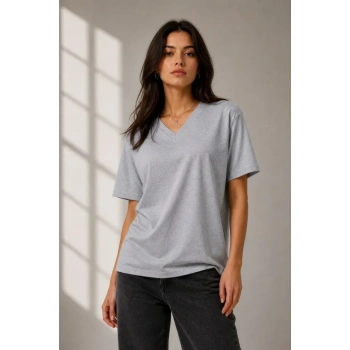 MARSiLYAN- V Yaka Basic Tişört Kısa Kol Yazlık Regular Fit T-Shirt - Gri