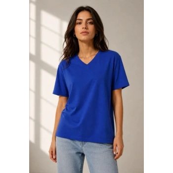 MARSiLYAN- V Yaka Basic Tişört Kısa Kol Yazlık Regular Fit T-Shirt - Saks Mavisi