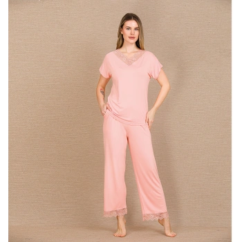 MARSiLYAN-  Viskon Şık Tasarım Dantel İşlemeli Açık Pembe Kısa Kol Pijama Takımı