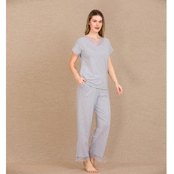MARSiLYAN-  Viskon Şık Tasarım Dantel İşlemeli Gri Kısa Kol Pijama Takımı