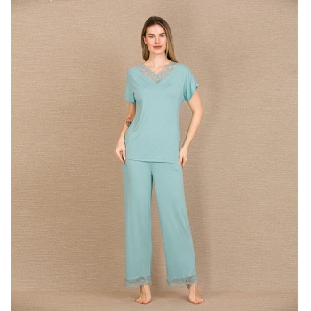 MARSiLYAN-  Viskon Şık Tasarım Dantel İşlemeli Mint Yeşil Kısa Kol Pijama Takımı
