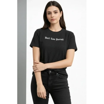 MARSiLYAN- Wafıl Kumaş Tişört Regular Kalıp Bisiklet Yaka Baskılı Günlük Basic T-Shirt - Siyah