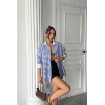 MARSiLYAN- YAKA VE MANŞET BEYAZ  BOYFRİEND ÇİZGİLİ  POPLİN GÖMLEK