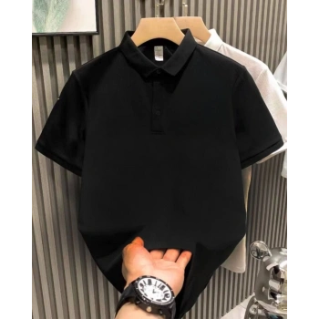 MARSiLYAN- Yakası Düğmeli Yakalı Pike Düz T-Shirt - Siyah