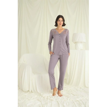 MARSiLYAN-  Yakası Kolu ve Omzu Dantelli Boydan Düğmeli Pijama Takımı