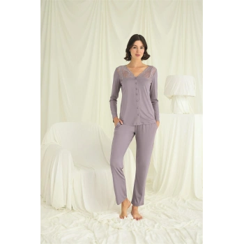 MARSiLYAN-  Yakası Kolu ve Omzu Dantelli Boydan Düğmeli Pijama Takımı