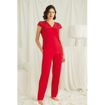MARSiLYAN-  Yakası Kolu ve Omzu Dantelli Önü Düğmeli Pijama Takımı