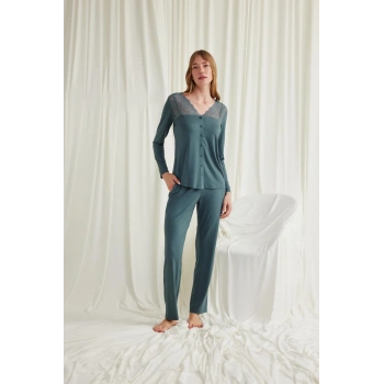 MARSiLYAN-  Yakası Omzu ve Paçası Dantelli Boydan Düğmeli Pijama Takımı