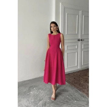 MARSiLYAN-  Yanları Büzgülü Midi Boy Keten Elbise