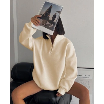 MARSiLYAN- Yarım Fermuarlı Üç İplik Sweatshirt - Bej