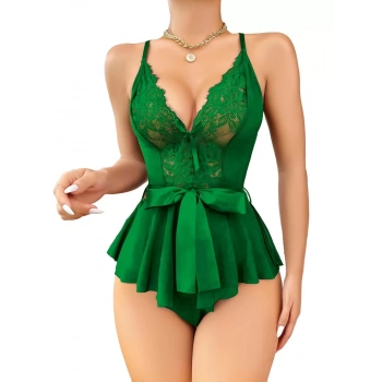 MARSiLYAN- Yeşil Dantel İşlemeli Kurdelalı Fantezi Tül Babydoll