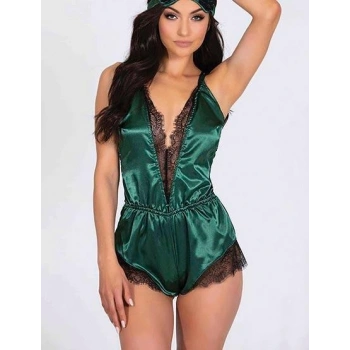 MARSiLYAN- Yeşil Dantelli Sırtı Çapraz Saten Şort Tulum