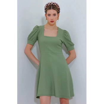 MARSiLYAN-  Yeşili Kare Yaka Örme Mini Elbise