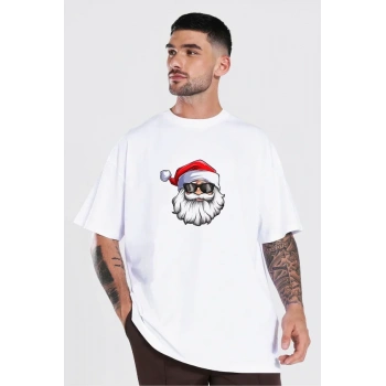 MARSiLYAN- Yılbaşı Gözlüklü Noel Baba Baskılı Kısa Kollu Oversize Bisiklet Yaka T-shirt - Beyaz