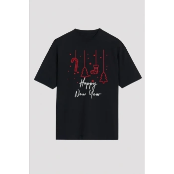 MARSiLYAN- Yılbaşı Happy New Year Baskılı Kısa Kollu Oversize Bisiklet Yaka T-shirt - Siyah