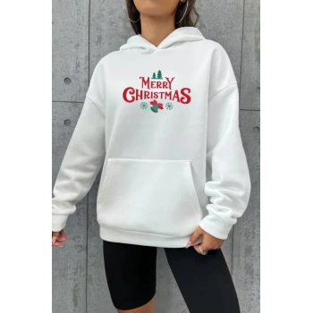 MARSiLYAN- Yılbaşı Merry Christmas Baskılı Oversize Kapüşonlu Sweatshirt Hoodie - Beyaz