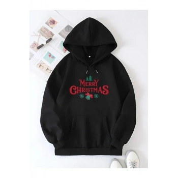 MARSiLYAN- Yılbaşı Merry Christmas Baskılı Oversize Kapüşonlu Sweatshirt Hoodie - Siyah