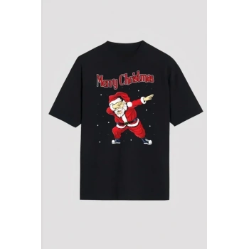MARSiLYAN- Yılbaşı Merry Christmas Noel Baba Baskılı Oversize Bisiklet Yaka T-shirt - Siyah