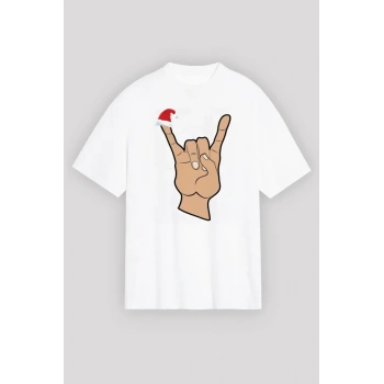 MARSiLYAN- Yılbaşı Noel Başlıklı Serçe Parmak Baskılı Oversize Bisiklet Yaka T-shirt - Beyaz