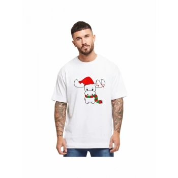 MARSiLYAN- Yılbaşı Noel Ren Geyiği Baskılı Kısa Kollu Oversize Bisiklet Yaka T-shirt - Beyaz