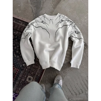 MARSiLYAN- Yıldırım Baskılı Bisiklet Yaka SweatShirt - Beyaz