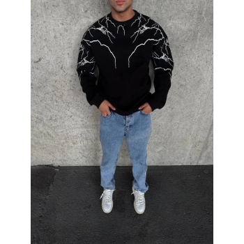 MARSiLYAN- Yıldırım Baskılı Bisiklet Yaka SweatShirt - Siyah