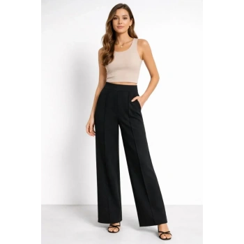 MARSiLYAN- Yüksek Bel Palazzo Pantolon Çima Dikişli Bol Paça Akıcı Kumaş Günlük Ve Ofis Şıklığı - Siyah