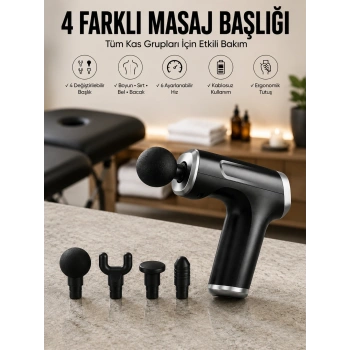Masaj Tabancası 4 Başlıklı Kas Ve Vücut Ağrıları İçin Şarjlı Darbeli