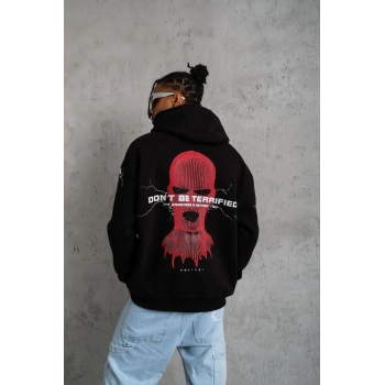 Maske Baskılı Kapüşonlu Sweat - Siyah