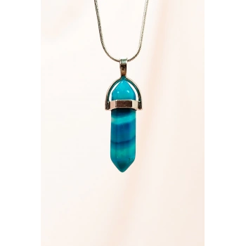 Mavi Akik Doğal Taşı Zincirli El Yapımı Tasarımlı Kolye Uç: 3,5 cm Zincir: 20 cm Kutulu