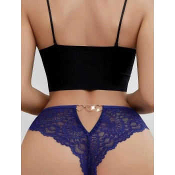 Mavi Dantel İşlemeli Arkası Kalp Detaylı Fantezi String Tanga