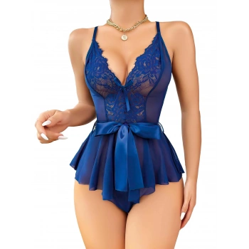 Mavi Dantel İşlemeli Kurdelalı Fantezi Tül Babydoll