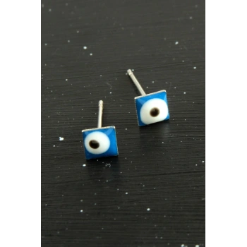 Mavi Renkli Kare Nazar Mineli Minik Küpe 1 Çift