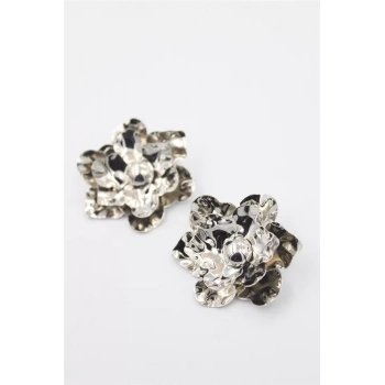 Metal Çiçek Küpe - Gümüş