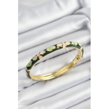 Mineli Pirinç Krem Ve Yeşil Çiçek Motifli Gold Renk Kadın Kelepçe - TJ-BB7400