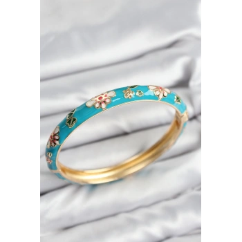 Mineli Pirinç Mavi Çiçek Motifli Gold Kadın Kelepçe - TJ-BB7618