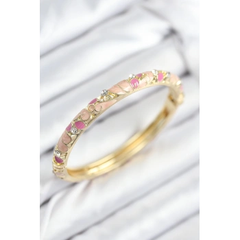 Mineli Pirinç Zirkon Taşlı Pembe Çiçek Motifli Gold Kadın Kelepçe - TJ-BB7817