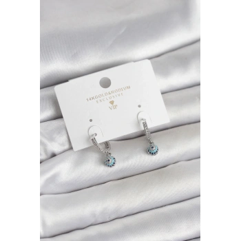 Minimal Nazarlı Model Gümüş Renk Zirkon Taşlı Kadın Küpe - TJ-BKP11643