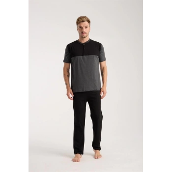 MİRAY- Erkek Antrasit Düğmeli Yaka Kısa Kol Pijama Takımı