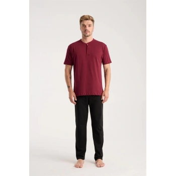 MİRAY- Erkek Bordo Düğmeli Yaka Kısa Kol Pijama Takımı
